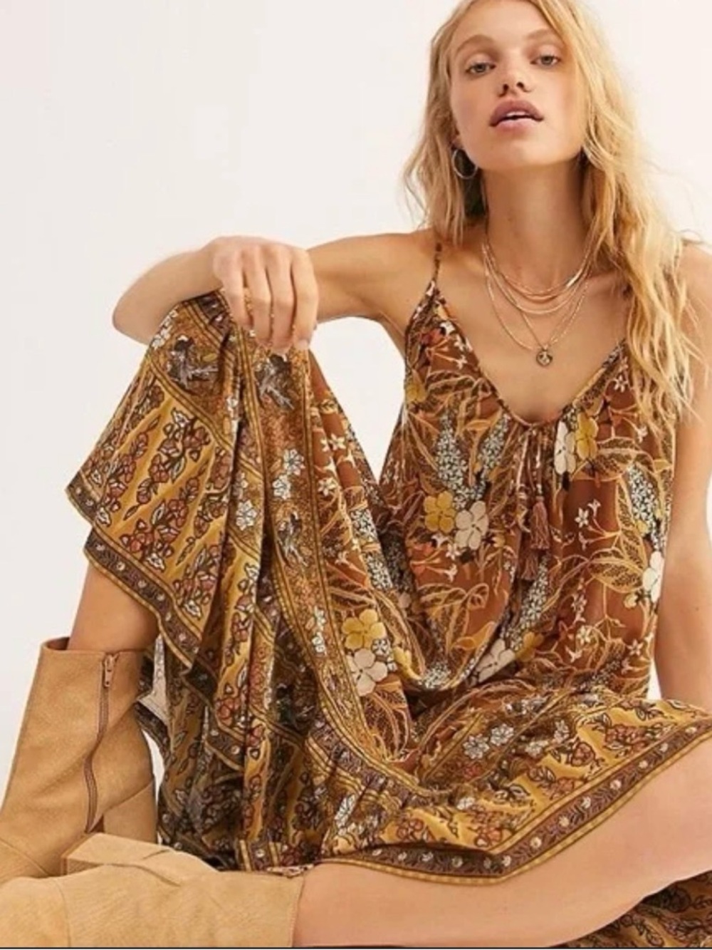 Spell Bianca Slip Dress in Warm Mustard Brown